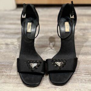 Prada Black Strappy Satin Logo Heels